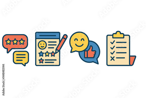 Examine line style survey web icons, including opinions, reviews, feedback, exams, and collections, in vector illustration