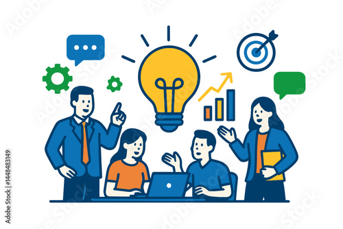 Vector illustration infographic template featuring people, a team, a light bulb, and an icon for a business meeting and brainstorming session to develop an idea and business concept for teamwork and