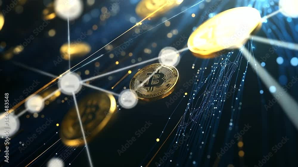 Shiny golden crypto coins floating in cyberspace, surrounded by neon blockchain nodes, representing the rise of digital decentralized finance.