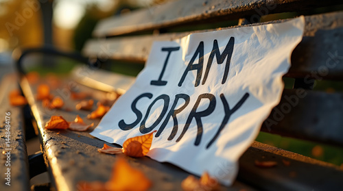 Paper Sign on Park Bench with Autumn Leaves