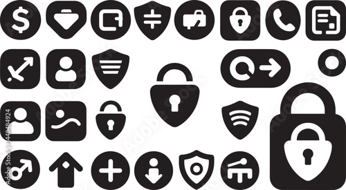 Security Icons design clean and uniform in style, with a black design and transparent background