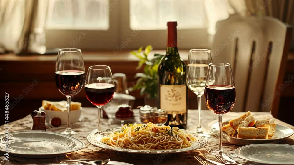 Elegant dining experience: red wine and pasta set against sunlit window ambiance