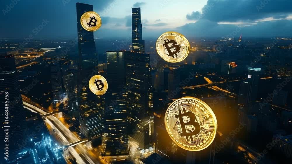 A futuristic city skyline with golden crypto coins floating above, connected by digital blockchain networks, symbolizing an economy driven by decentralized finance.