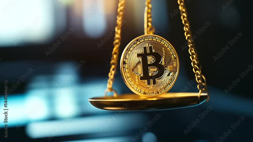 A golden crypto coin resting on a balance scale, symbolizing the comparison between traditional banking and decentralized finance in the digital era.