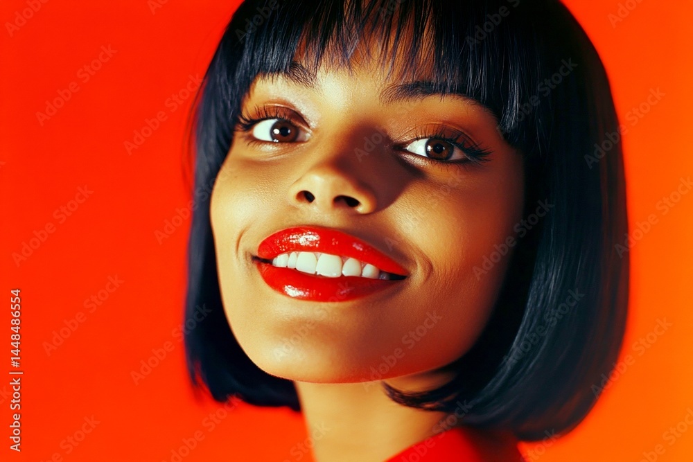 Gorgeous smiling mixed-race girl - for ads, brochure and social media use. Commercial digital ads visual idea. Short haircut - straight hair. African american woman. Portrait fashion shot.