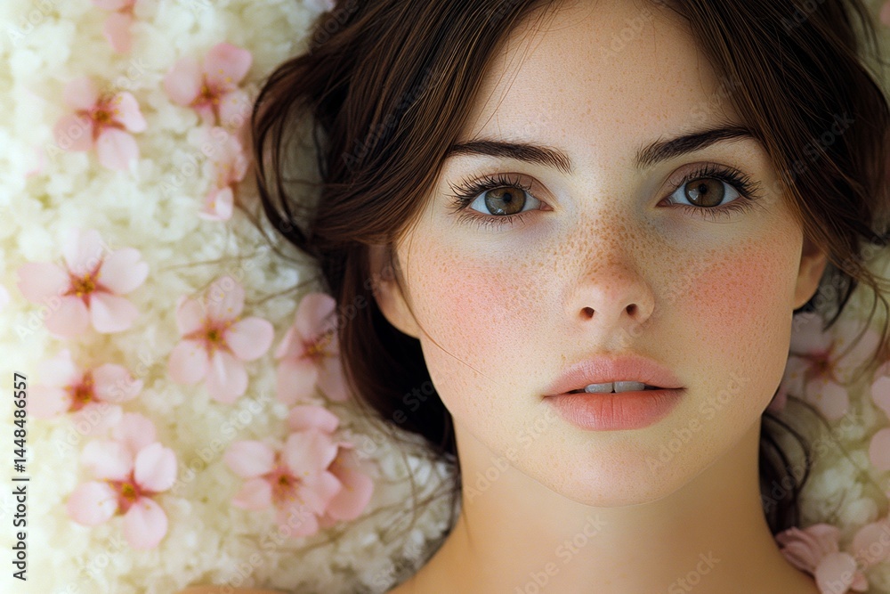 Lovely caucasian young woman surrounded by cherry blossoms. Commercial ad campaign concept layout art. Spring mood, dark night and warm mystic light - complementary lighting.