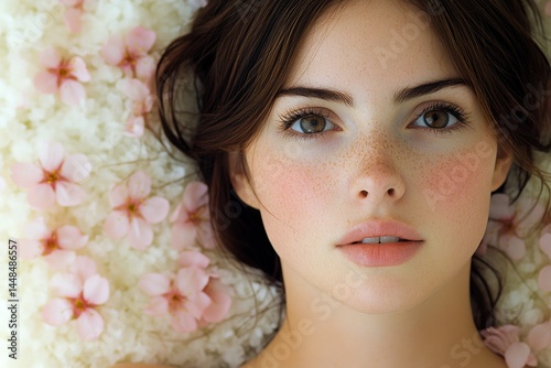 Obraz na płótnie Lovely caucasian young woman surrounded by cherry blossoms. Commercial ad campaign concept layout art. Spring mood, dark night and warm mystic light - complementary lighting. w salonie