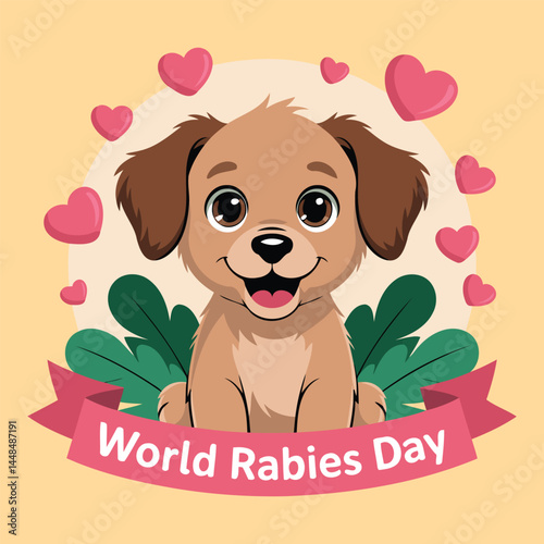 Adorable cartoon puppy illustration promoting World Rabies Day with hearts and banner, encouraging pet health and disease prevention