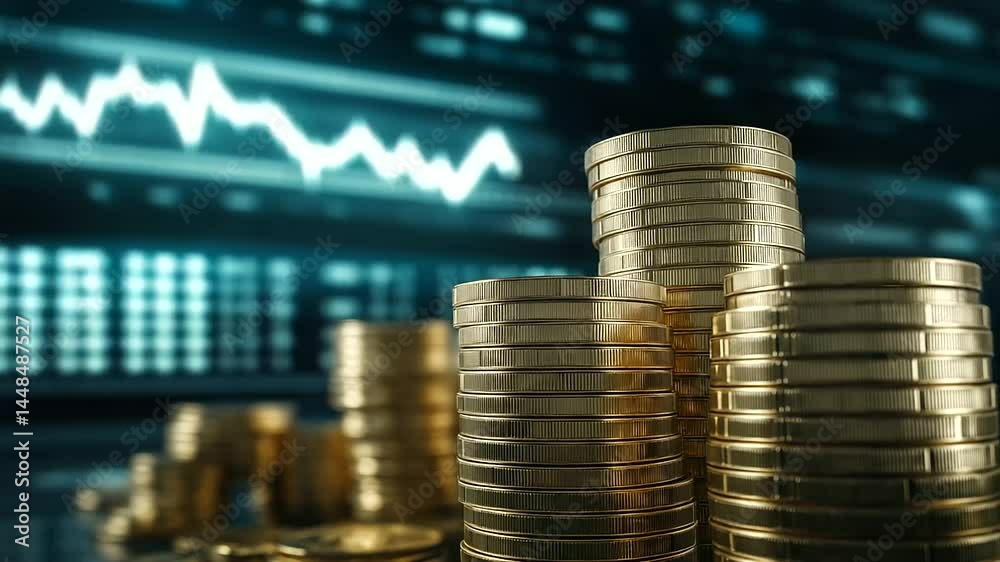 Golden crypto coins stacked in columns of different heights, with a digital trading interface displaying fluctuating market trends in the background, symbolizing financial uncertai