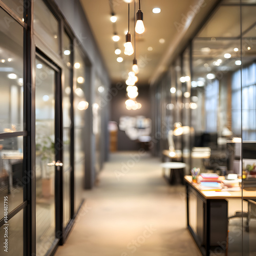 Blurred office interior scene with doorway modern workspace contemporary design soft lighting