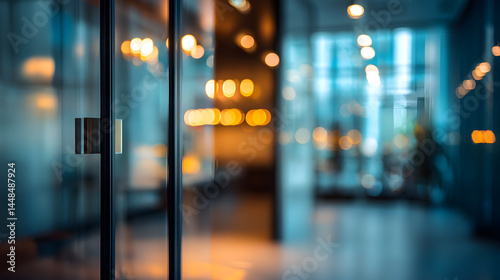 Blurry office interior with glass door modern business environment contemporary design professional view