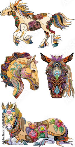 Zentangle horses. Hand drawn decorative vector illustration.