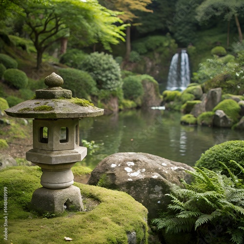 Serene Japanese Garden Stone Lantern Waterfall Pond Moss