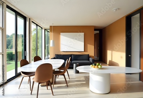 Interior of a modern dining room with a white oval table surrounded by six chairs  a black sofa and a painting in a minimalist style 
