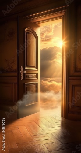 Wallpaper Mural A grand, wooden door opens to a breathtaking sunset sky, revealing a pathway to the heavens Torontodigital.ca
