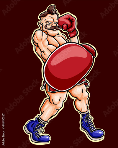 A detailed vector cartoon of an  old school boxer punches at the viewer