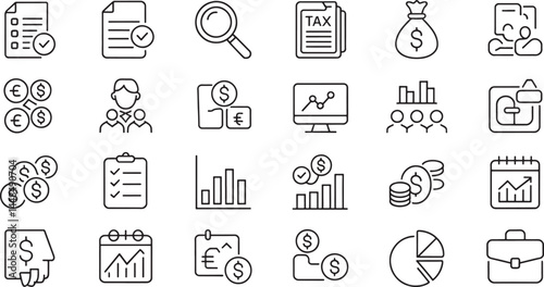 Accounting set of web icons in line style. Accounting and audit icons for web and mobile app. Containing finance report and audit, invoice, tax return, accounting, auditing, inspection and more