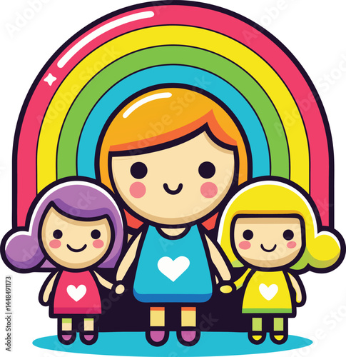 cute cartoon mother and child holding hands under a rainbow vector illustration