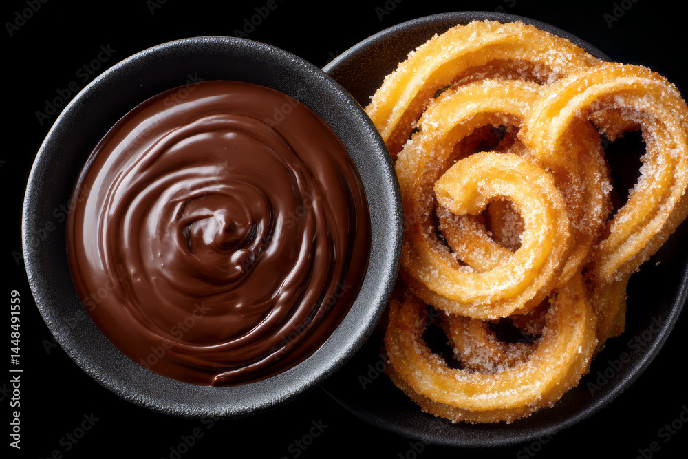 Fototapeta premium Delicious Churros with Chocolate Sauce on Black Background - Top View