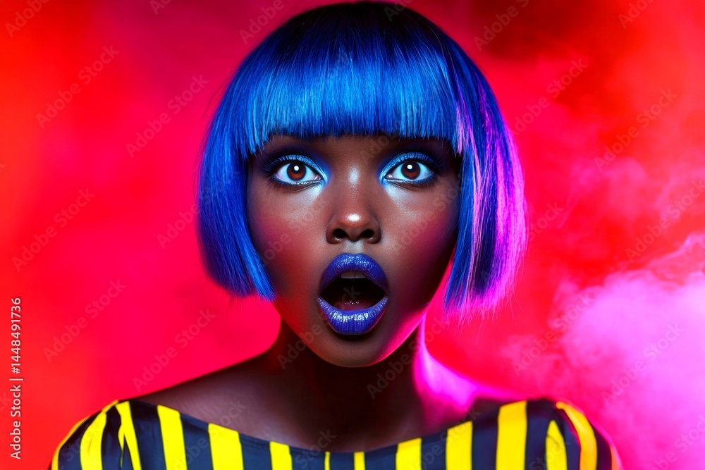 Short hairdo - blue hair. Commercial advertising concept visual artwork art. Stunning very stunned black girl - for ads, magazine ad and web use. Urban style ads. Modern commercial model.
