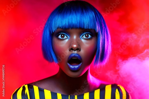 Obraz na płótnie Short hairdo - blue hair. Commercial advertising concept visual artwork art. Stunning very stunned black girl - for ads, magazine ad and web use. Urban style ads. Modern commercial model. w salonie