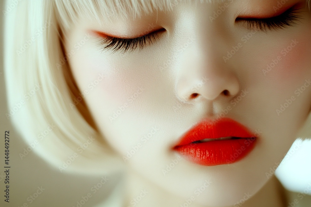 Short trim - blond hair. Commercial ad idea design idea idea. Lovely calm mixed-race girl - for ads, media and internet marketing use. Bold style campaigns. Beauty and fashion ads. Glam look.