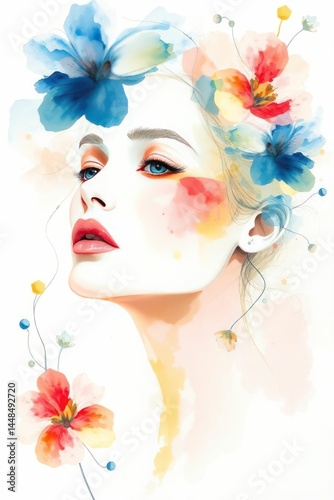 Female and flowers surreal art poster, abstract living room woman concept art for print