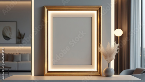 A minimalistic and modern interior scene featuring a prominent golden-framed empty picture frame, illuminated by soft ambient lighting that enhances the elegant design.