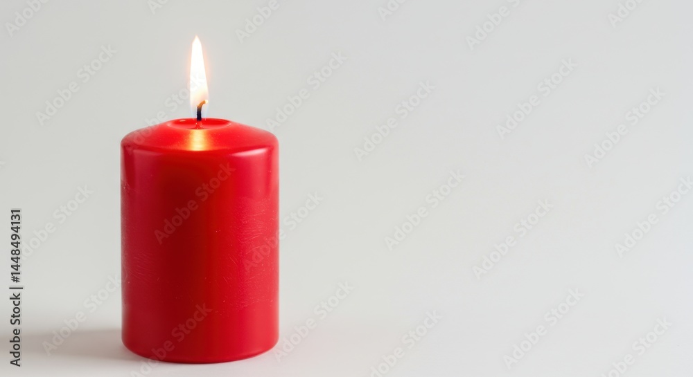 Close up of a single red cylindrical candle with a bright flame against a white background space Close up of a single red cylindrical candle with a bright flame against a white background space