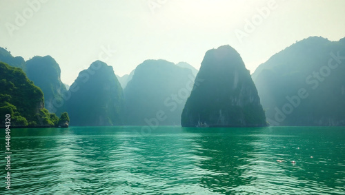 Scenic view of ha long bay with limestone karsts rising from the emerald waters on a bright sunny day created with generated ai
