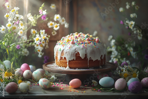 The Easter cake lies on a festive wooden table with Easter eggs and spring flowers by the window with beautiful light. Side view.