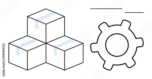 Three stacked cardboard boxes with taped tops next to a cogwheel outline conveying logistics, optimization, teamwork, supply chain, production, planning, efficiency, and operations. Flat simple