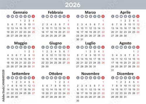 Calendar 2026 Year mockup. Italian version. Annual horizontal template with round days of the week. Modern design. Editable format. EPS10.