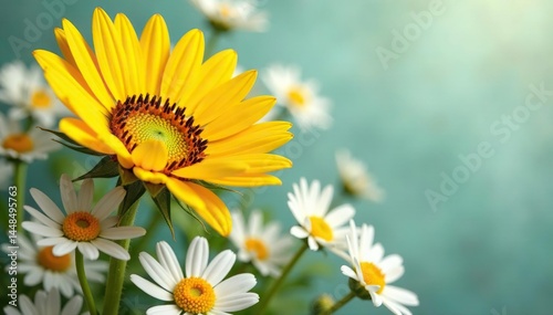 Bright yellow sunflower among white daisies, isolated , outstanding, one, standout