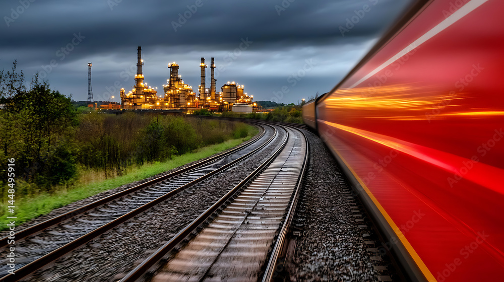 Naklejka premium Red train beside industrial complex