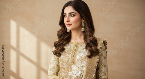 Elegant Woman in Beige Pakistani Shalwar Kameez,  South Asian Fashion Model in Traditional Clothing photo