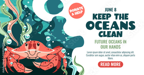 World Oceans Day Horizontal Banner Featuring a Crab and Seaweed to Promote Coastal Conservation. Ideal for Marine Protection Campaigns and Environmental Education. Vector Illustration.