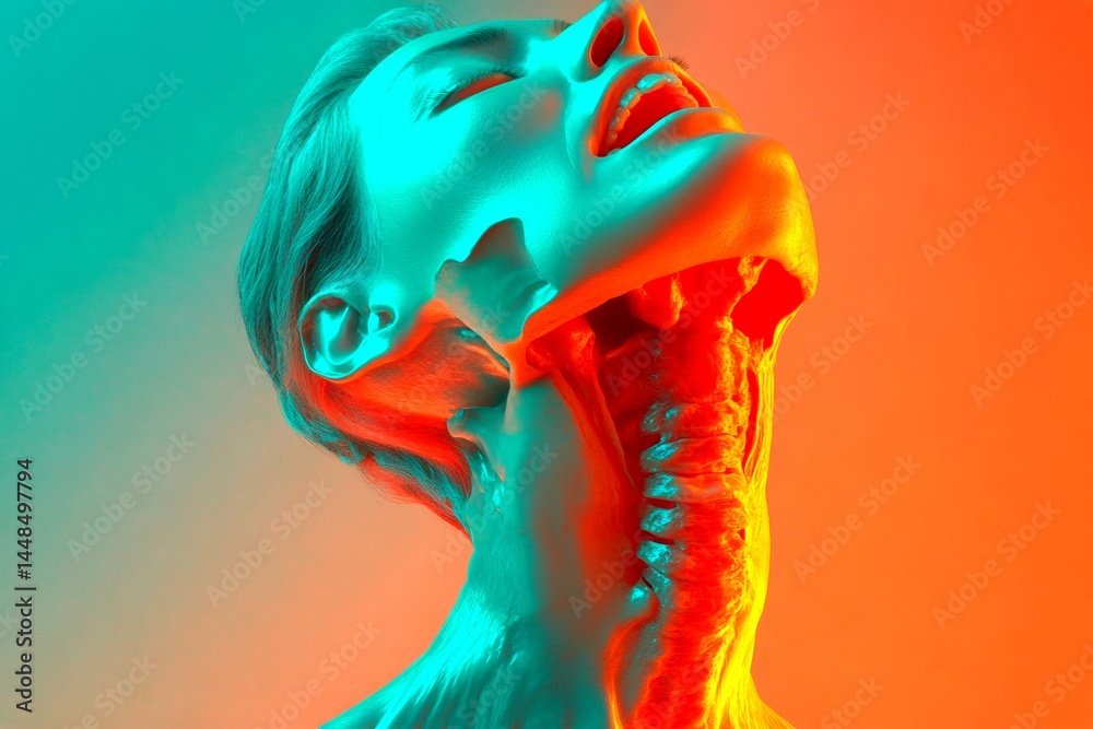 Pain of disorder - neck pain: abstract image of mental state. Depression and pain. Medical emergency. Metaphorical neck pain physical senses, of a disease and suffering. Medical disorder.