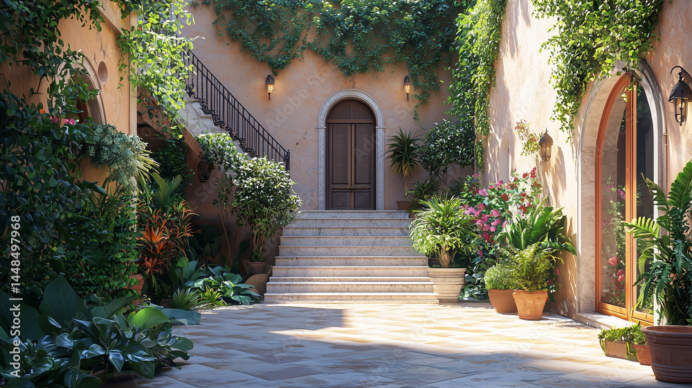 Fototapeta premium Mediterranean Courtyard with Lush Vegetation 