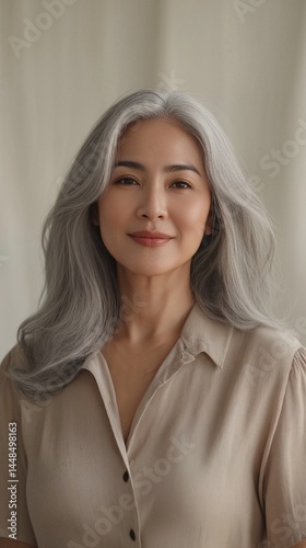 Portrait of mature Filipino woman with gray hair and serene expression on light background