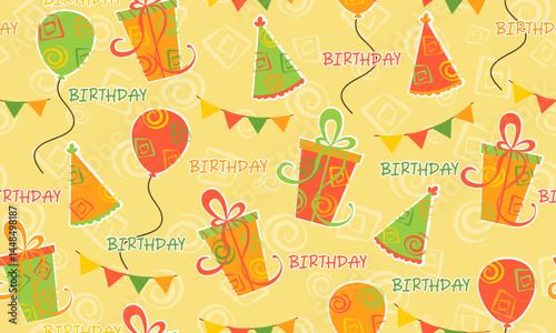 happy birthday  seamless pattern, packaging,
wrapping paper, textile, fabric, celebration, camera, hat, party, balloons, gift, decoration, yellow background