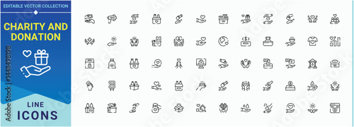 Charity And Donation icon collection. Minimal icons pack. Contains such symbols as sponsor, community, support, volunteer, donation. Editable stroke. Vector illustration. Sponsor icon set.