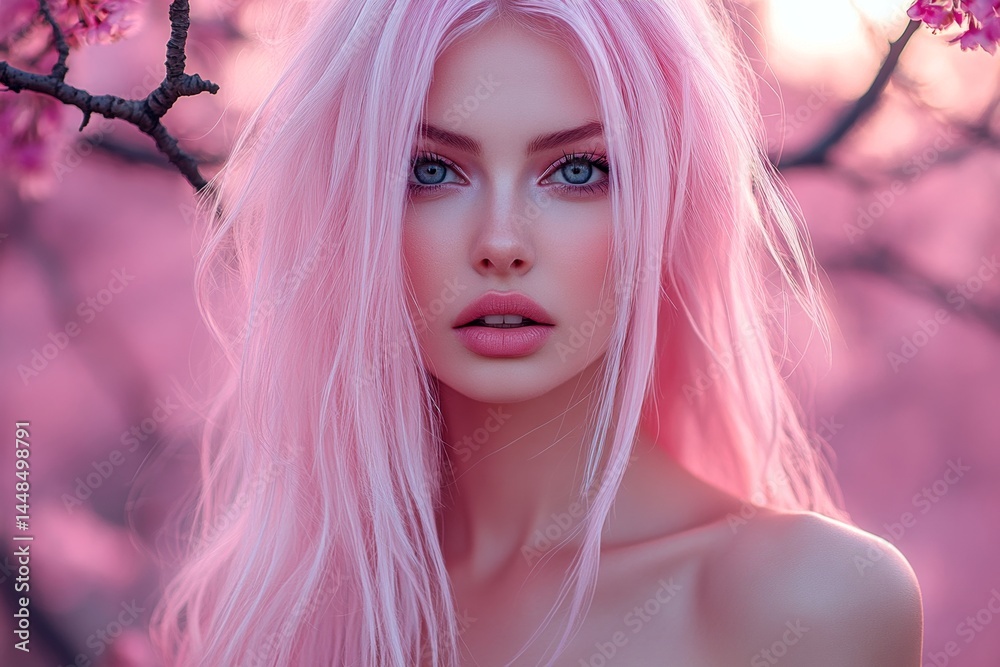 Pretty caucasian young woman surrounded by cherry blossoms. Commercial ad campaign visual idea art. Spring mood, golden hour in sunset. Springtime woman in bright cherry blossoms.