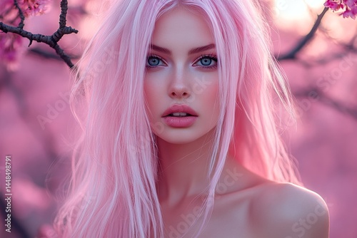 Obraz na płótnie Pretty caucasian young woman surrounded by cherry blossoms. Commercial ad campaign visual idea art. Spring mood, golden hour in sunset. Springtime woman in bright cherry blossoms. w salonie