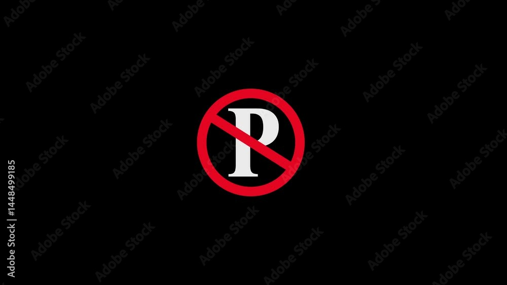 No parking icon animation symbol white color text on black background. No parking icon animation symbol white color text on black background.