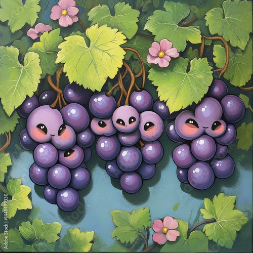 Whimsical grapes with charming expressions and vibrant colors, inviting a sense of joy and playfulness