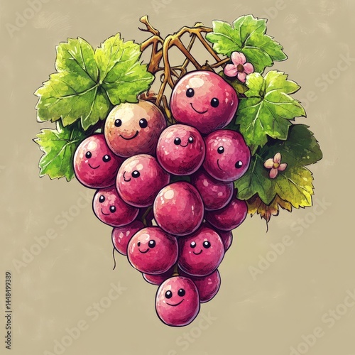 A cute cluster of grapes with cheerful faces and green leaves on a soft background. The image is colorful and playful. 