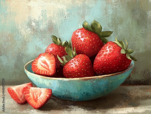 A delightful composition of strawberries arranged in a charming blue bowl. A close up on strawberries showing ripe fruit.