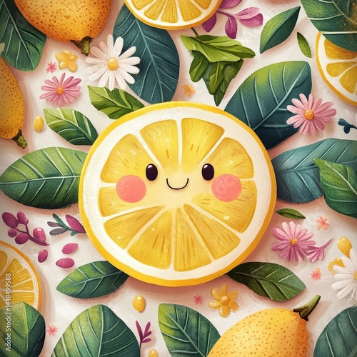 A happy lemon surrounded by leaves and flowers, creating a cheerful and vibrant design. The central lemon has a friendly smiling face, complemented by pink cheeks