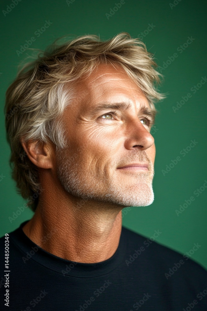 Green solid background. Creative of style for aging men. Fashionable men's layered waves haircut - midlife white man with blond hair. A man with expressive eyes and a joyful gaze.
